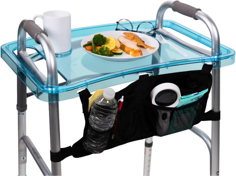Strongarm Clear View Walker Tray + Bag + Non-Slip Mat & Cup Holder, Tray for Folding Walkers, Food Tray, Walker Accessories, Tray Table for Standard Adult Walkers (Blue) - Image 1